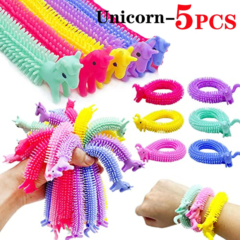 A set of five colorful unicorn-themed stretch sensory fidget toys for play