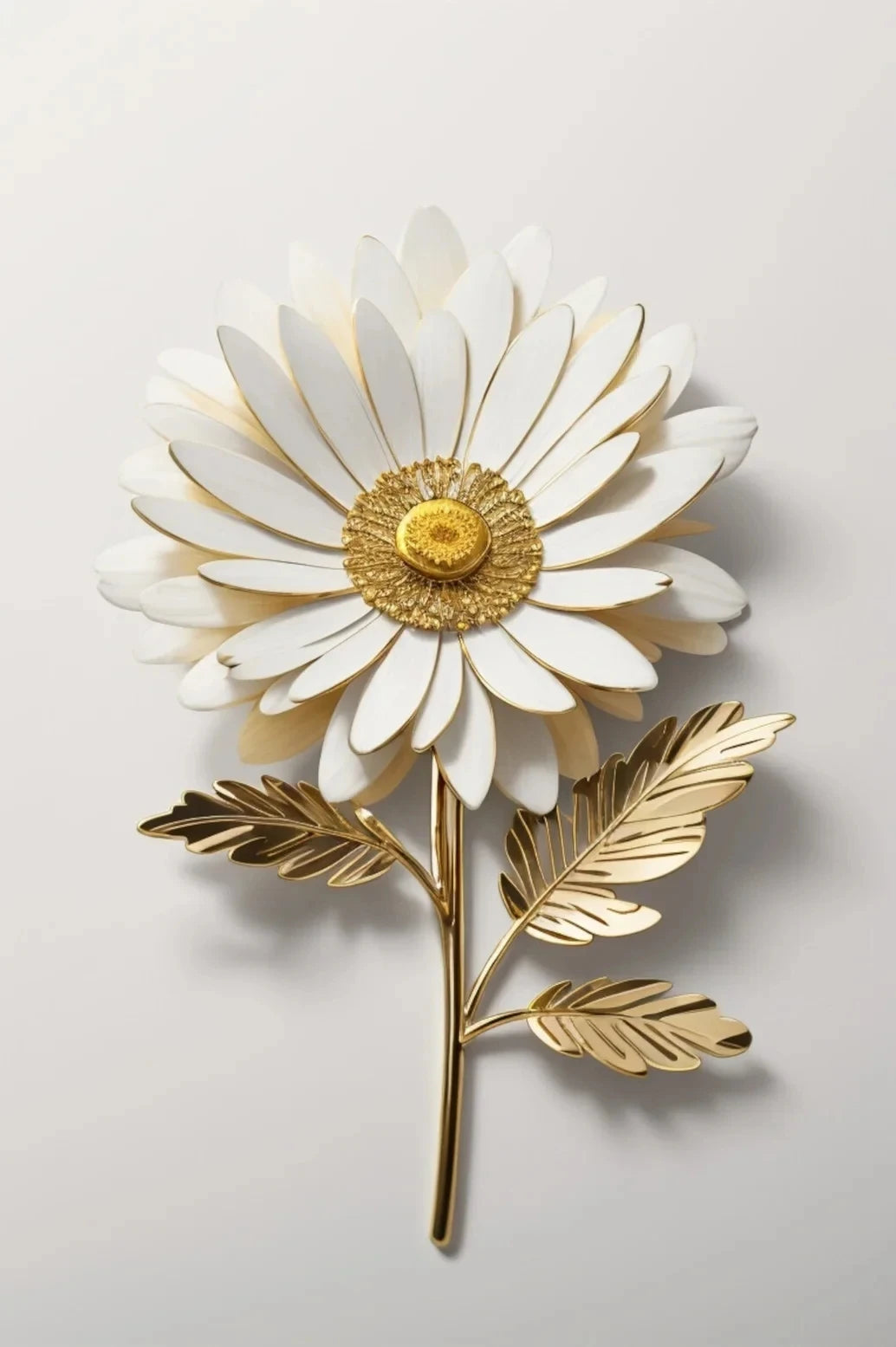Arte de pared floral de girasol blanco y dorado, con una gran flor de centro dorado y hojas de bronce.