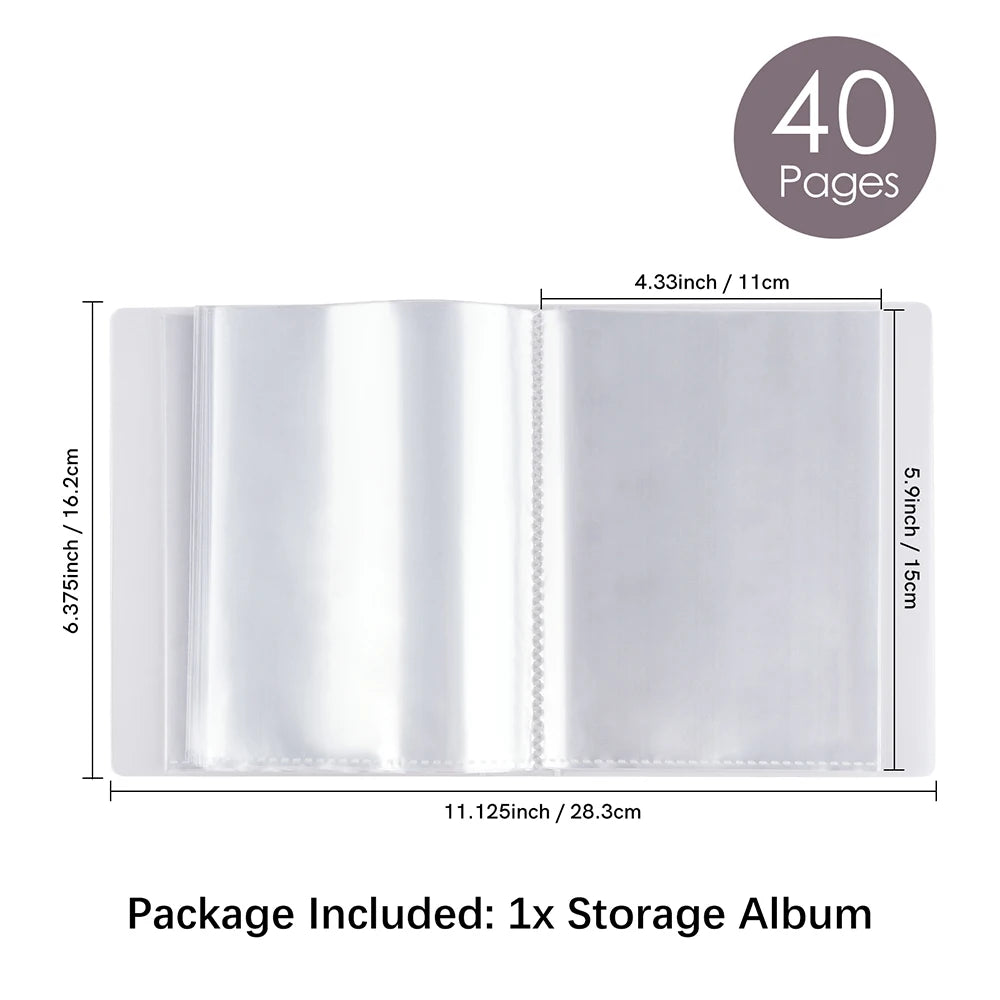 A clear A6 storage album with 40 pages is shown, measuring 6.375 inches by 5.9 inches.