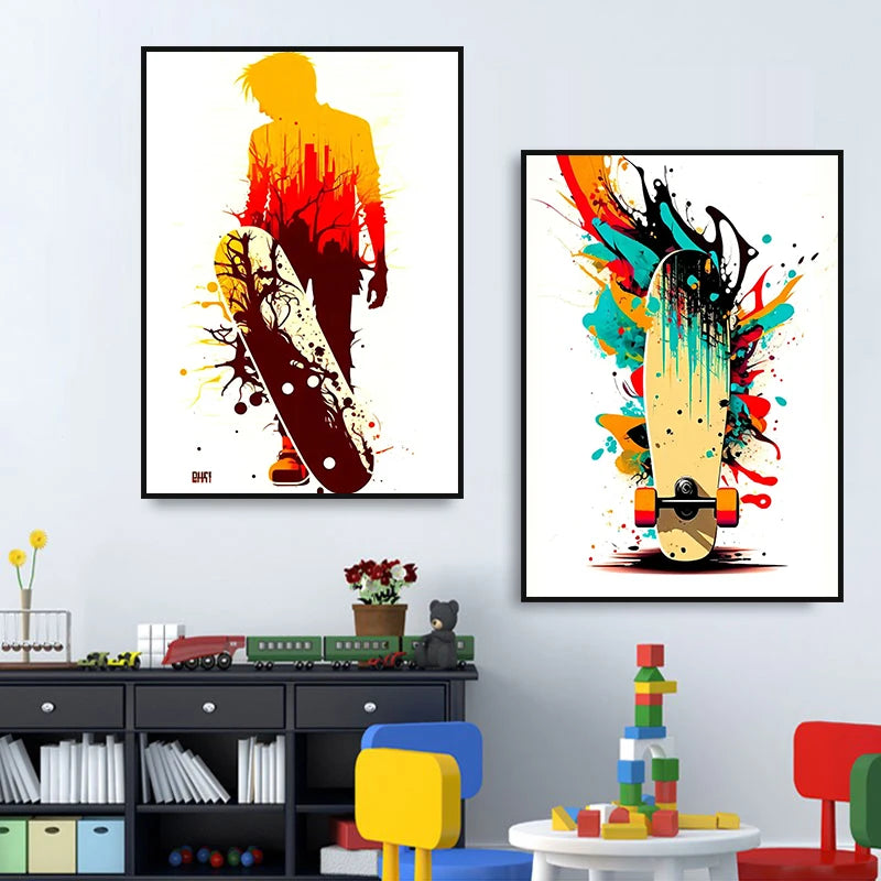 A canvas wall art print featuring a silhouette of a person and a skateboard in vibrant, colorful paint splatters.