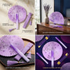 Purple traditional Chinese folding fan with tassel displayed in various artistic settings.