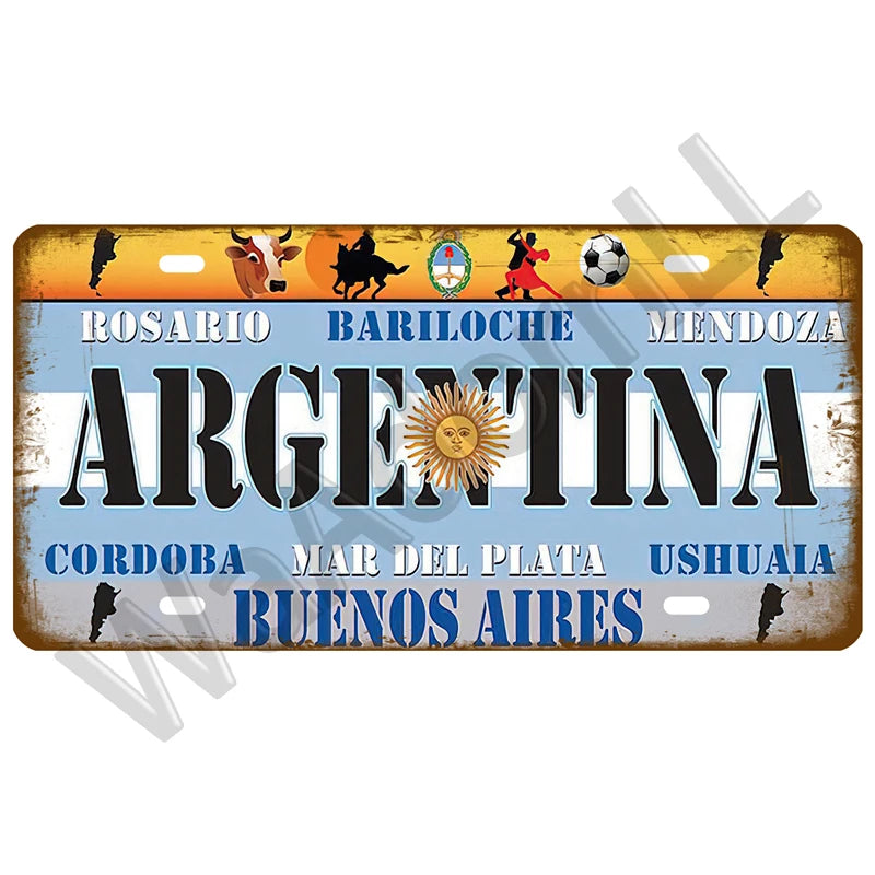 Vintage metal tin sign featuring the map of Argentina with various cities and symbols.