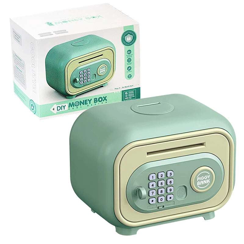 A light green piggy bank with a keypad and coin slot is shown next to its packaging box.