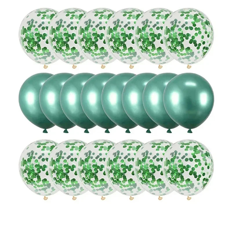 A pack of twenty rose gold confetti balloons in various shades of green and white.