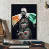 A portrait of Conor McGregor with a beard and intense expression, wearing boxing attire, displayed as wall art.