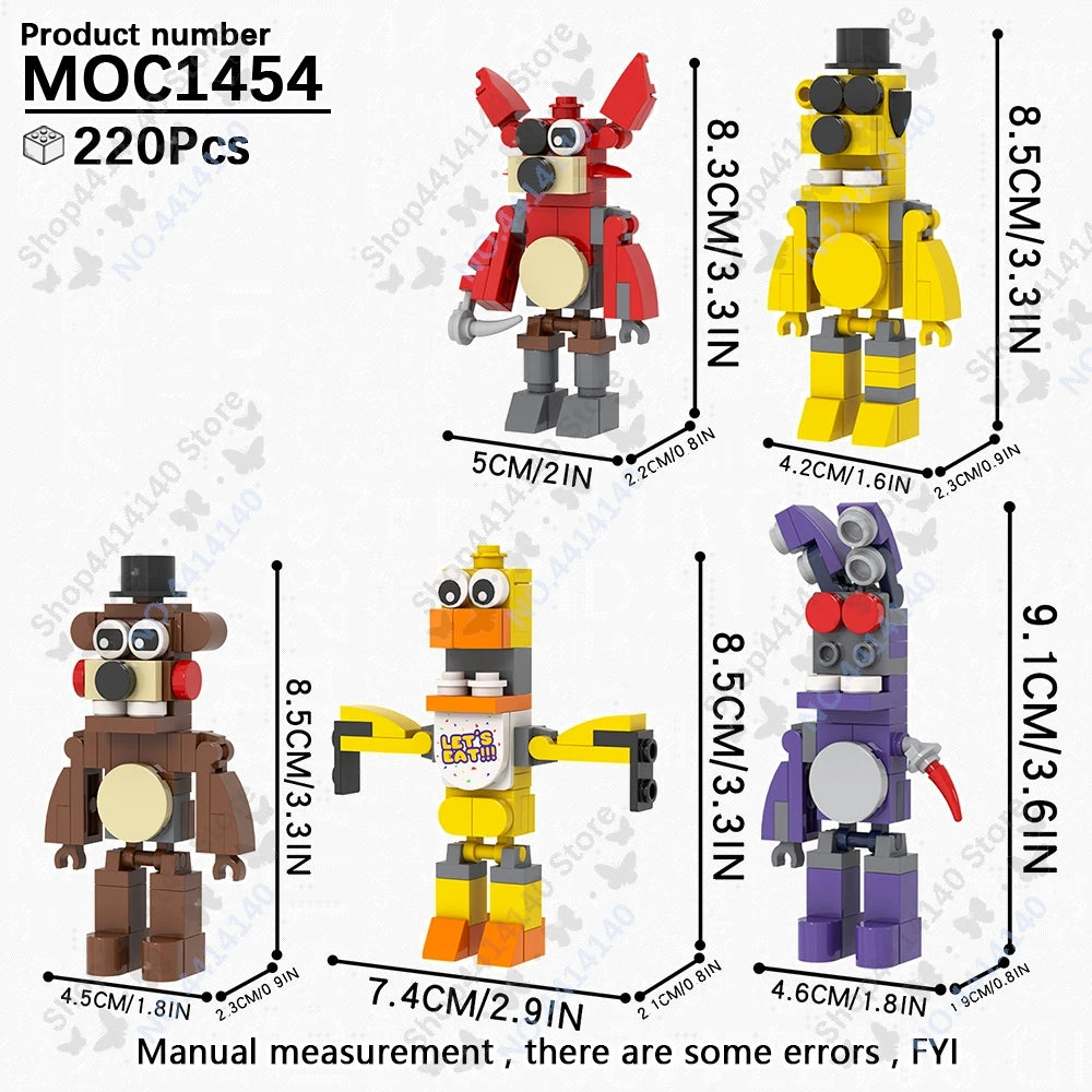 A set of five Nightmarion-like characters made from building blocks, including a red and yellow figure.