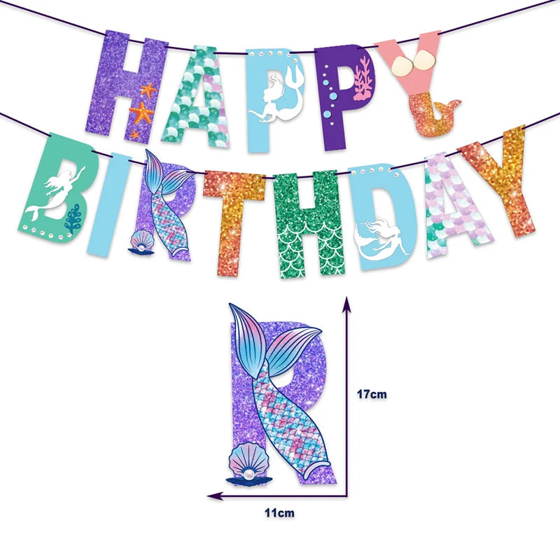 A colorful banner featuring mermaid-themed letters spelling HAPPY BIRTHDAY