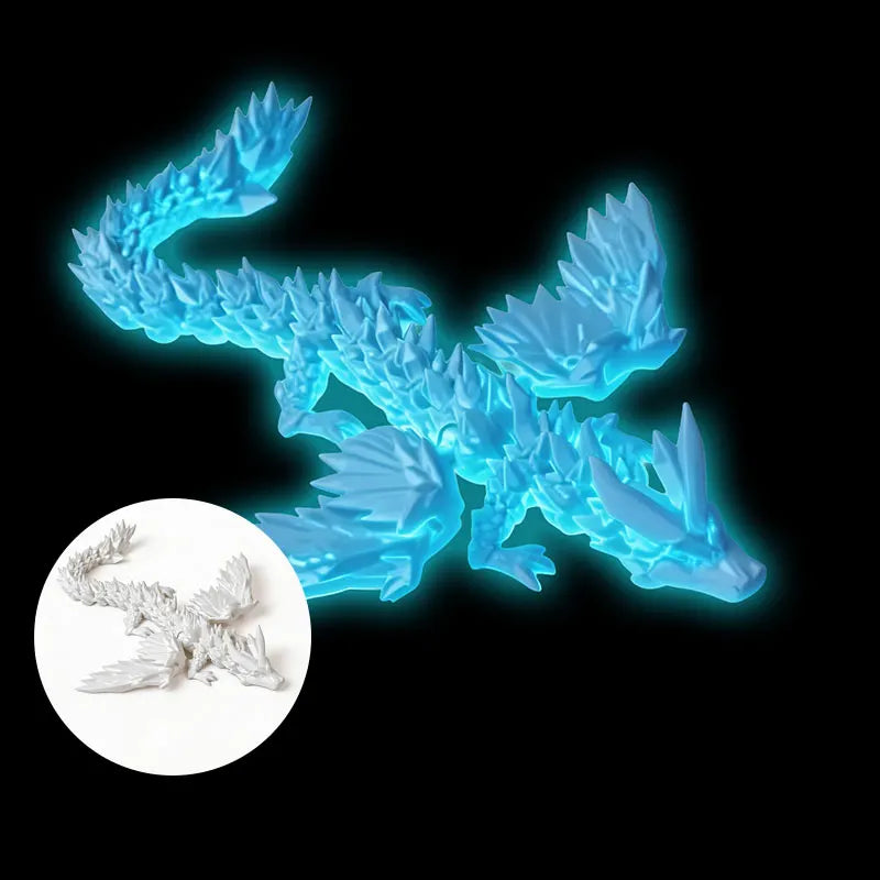 A glowing blue 3D printed magic dragon ornament with a smaller white version shown in a circle.