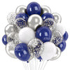 A bouquet of navy blue and silver metallic balloons with pearl finishes.