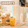 A collection of 3000 pieces of flexible reusable drinking straws in various colors displayed next to a cup of iced coffee and