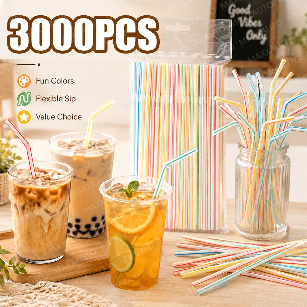 A collection of 3000 pieces of flexible reusable drinking straws in various colors displayed next to a cup of iced coffee and