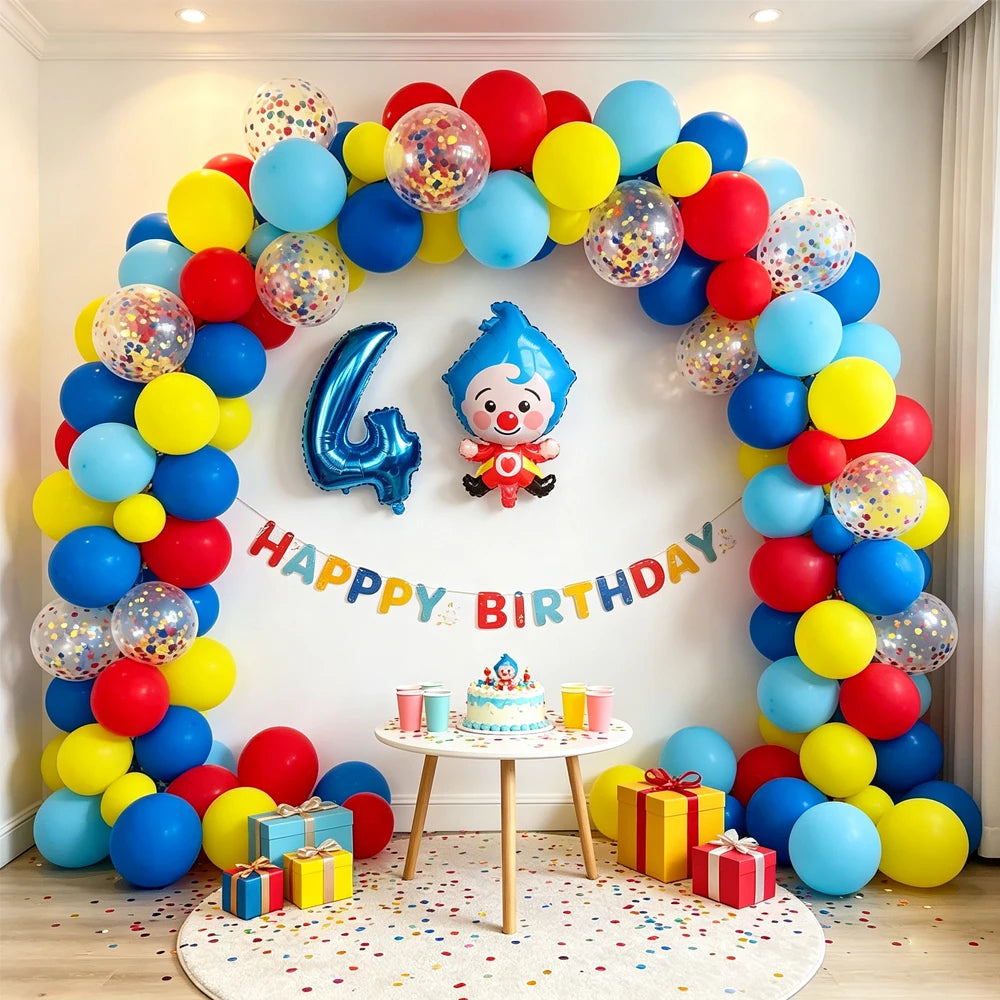 A colorful balloon arch garland for a birthday party featuring blue, yellow, and red balloons with a clown decoration.
