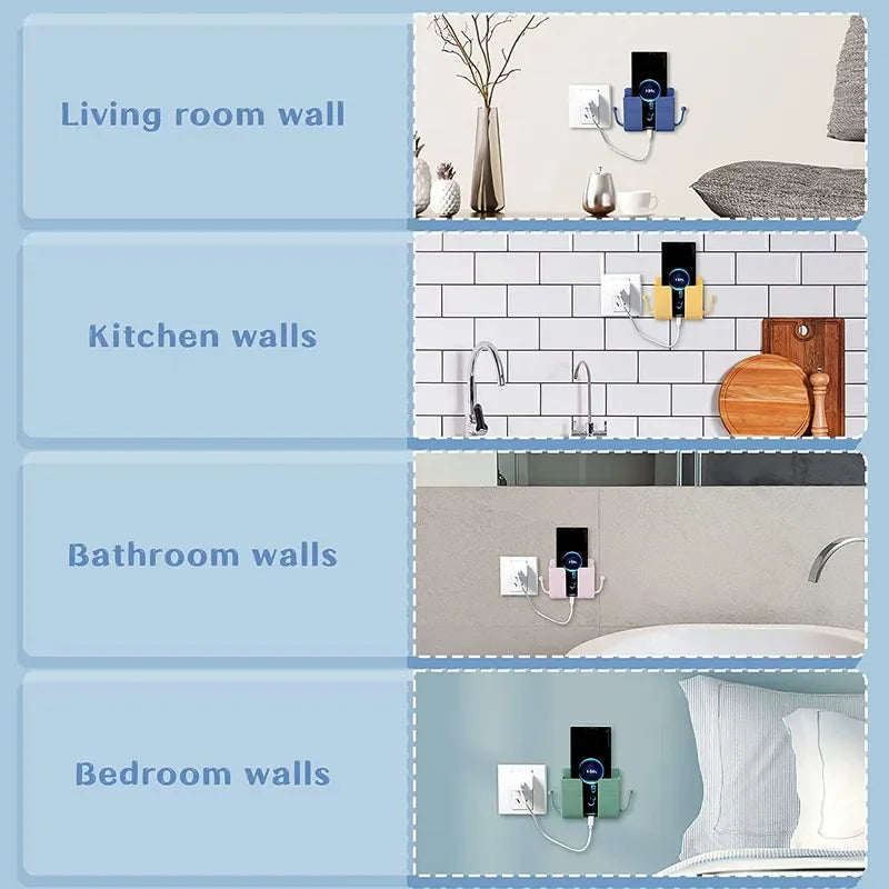 A series of four panels showing wall-mounted organizers with phone holders and charging docks in living room, kitchen, bathro