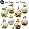 A set of construction vehicle themed toppers and wrappers for a birthday party table.