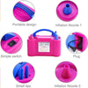 A set of pink and blue electric balloon inflator pumps showing various parts including the portable design, pump, and inflati