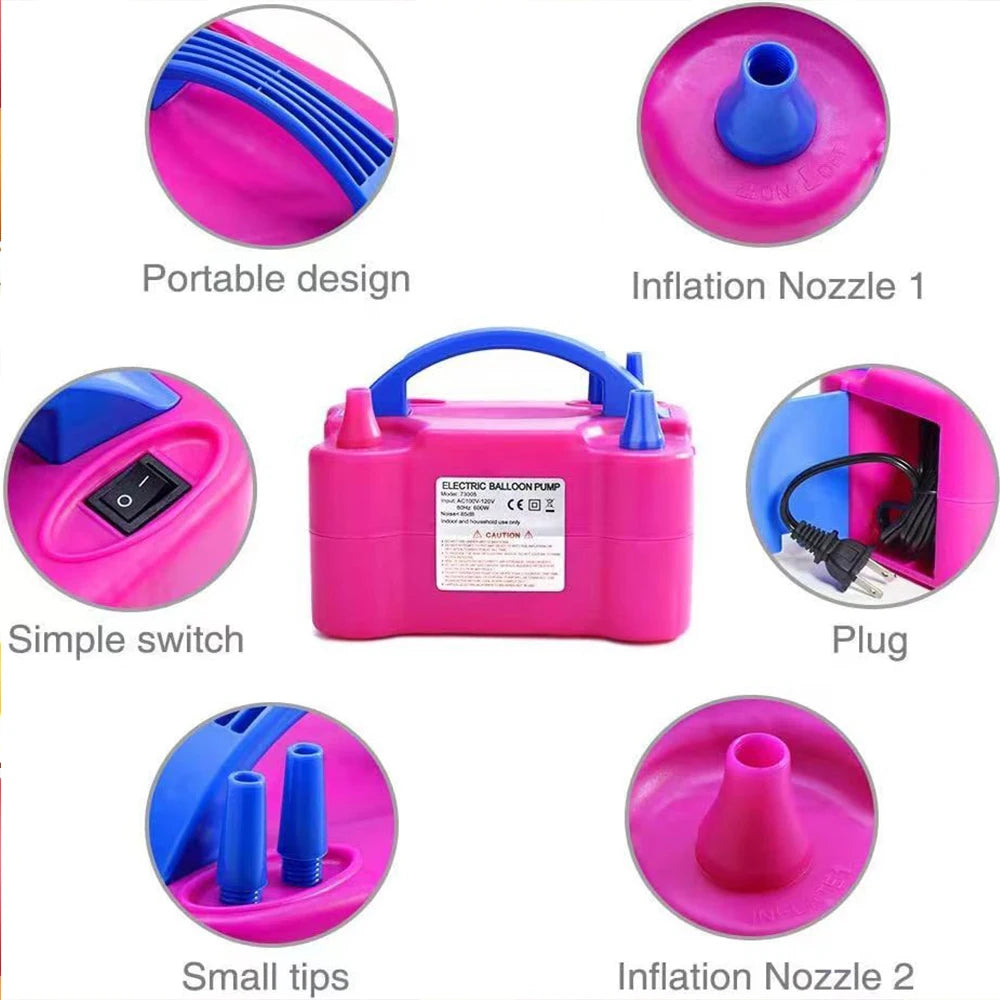 A set of pink and blue electric balloon inflator pumps showing various parts including the portable design, pump, and inflati