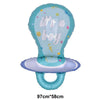 Light blue baby bottle balloon decoration with 'it's a boy' text and a purple base