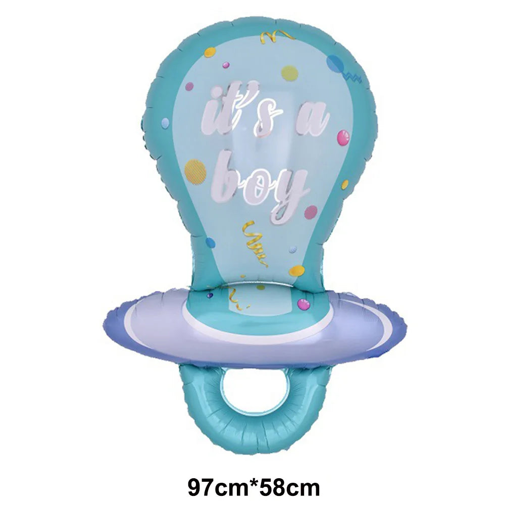 Light blue baby bottle balloon decoration with 'it's a boy' text and a purple base