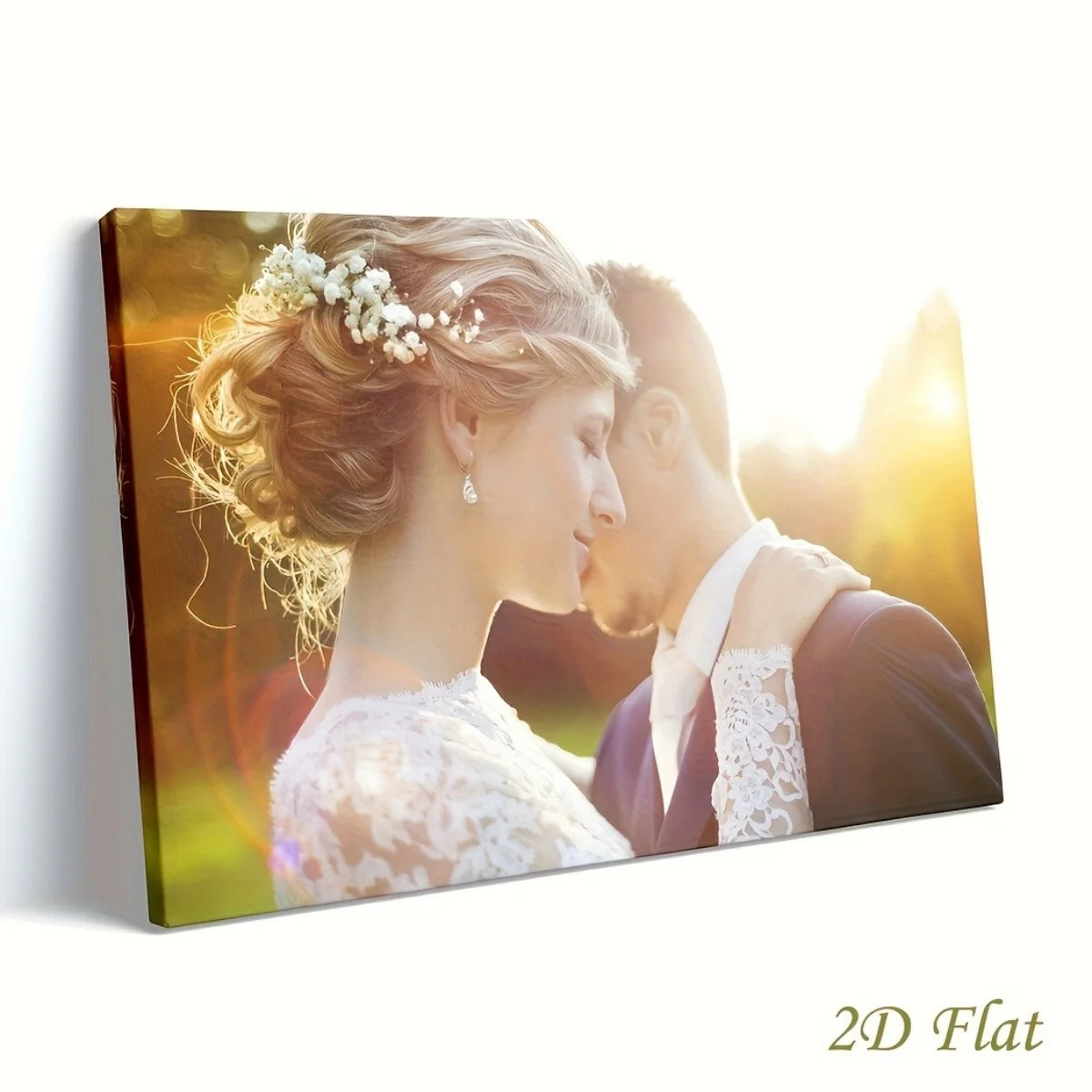 A portrait of a bride and groom embracing, featuring soft lighting and floral hair accents on a canvas.