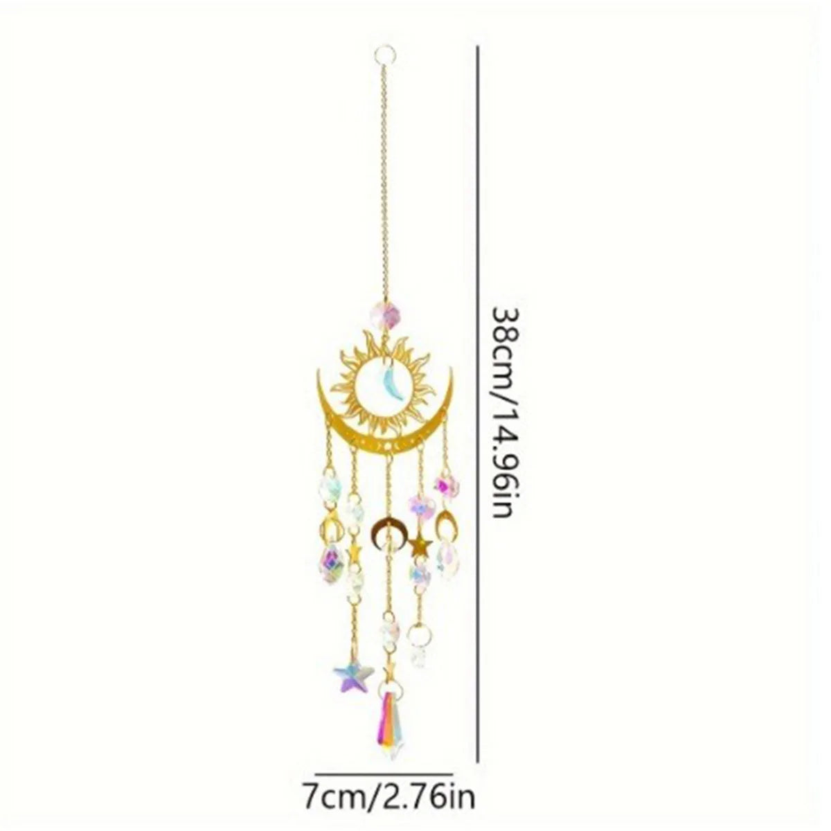A hanging gold flame moon crystal sun catcher with dangling charms.