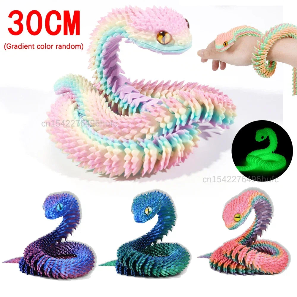 Three variations of a 3D printed articulated snake fidget toy in various pastel and vibrant colors.