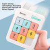 A hand holds a white magnetic sliding block puzzle with numbered pieces, demonstrating strong adhesion for educational play.