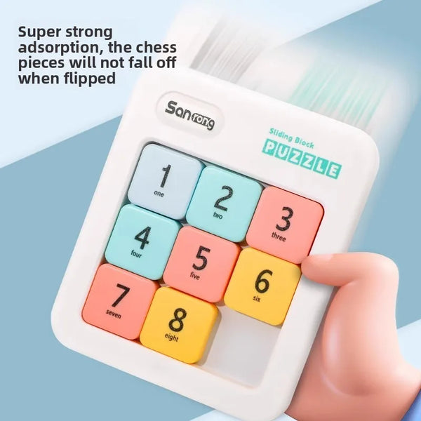 A hand holds a white magnetic sliding block puzzle with numbered pieces, demonstrating strong adhesion for educational play.
