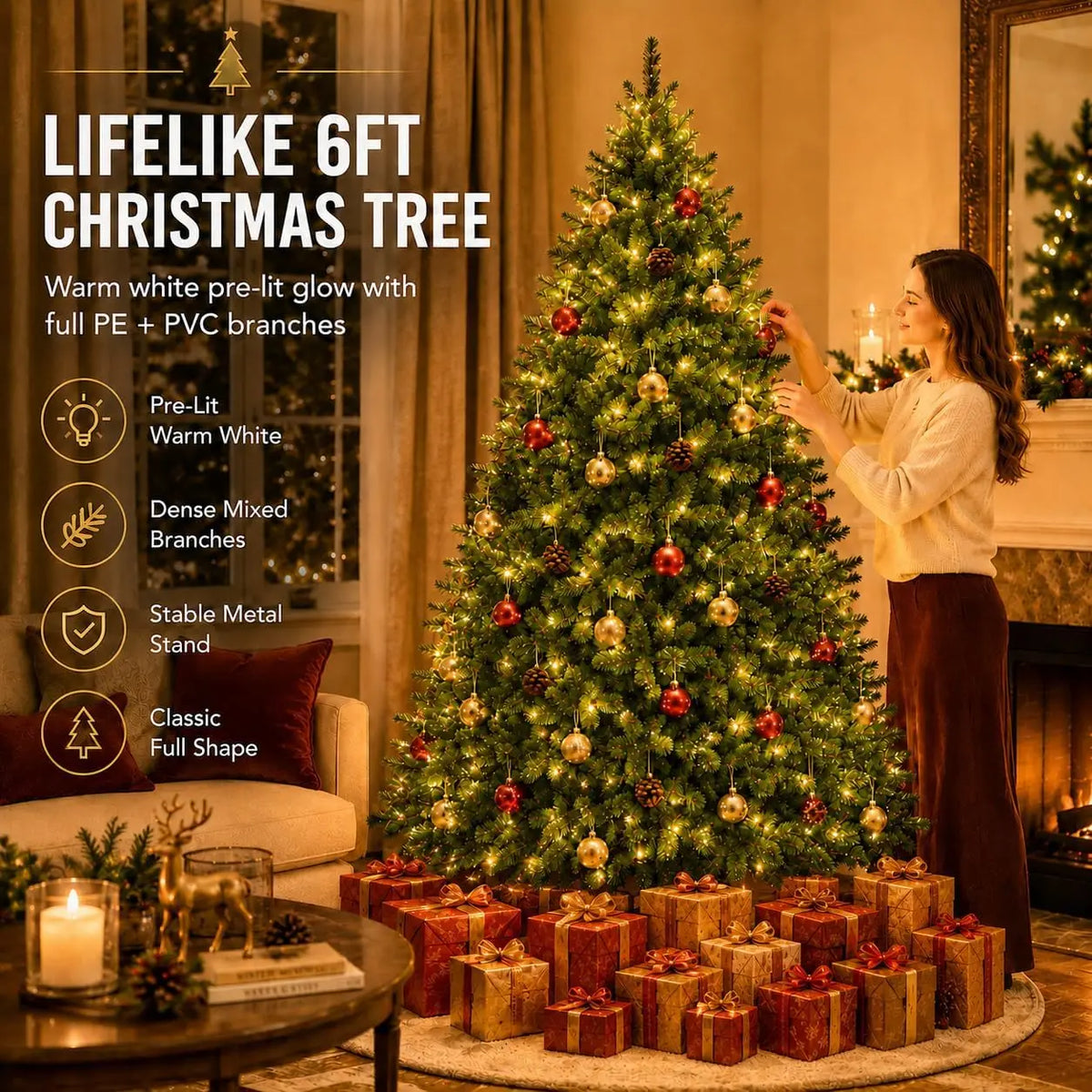 Classic Green Artificial Christmas Tree with Dual-Color LED Lights and Metal Stand