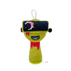 A yellow plush toy with a black visor featuring a pink star design and a red drip detail.