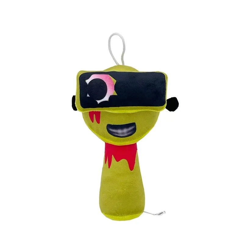 A yellow plush toy with a black visor featuring a pink star design and a red drip detail.