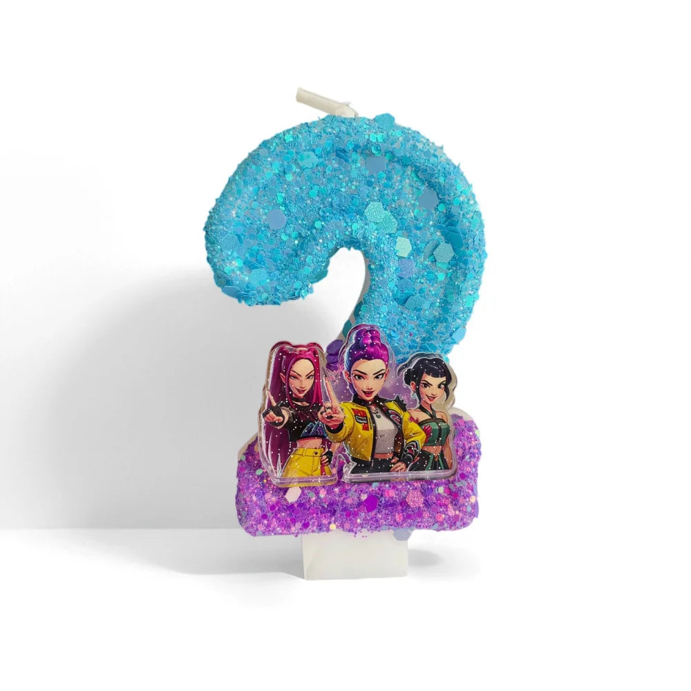 A custom birthday candle shaped like the number 2 featuring characters from a show