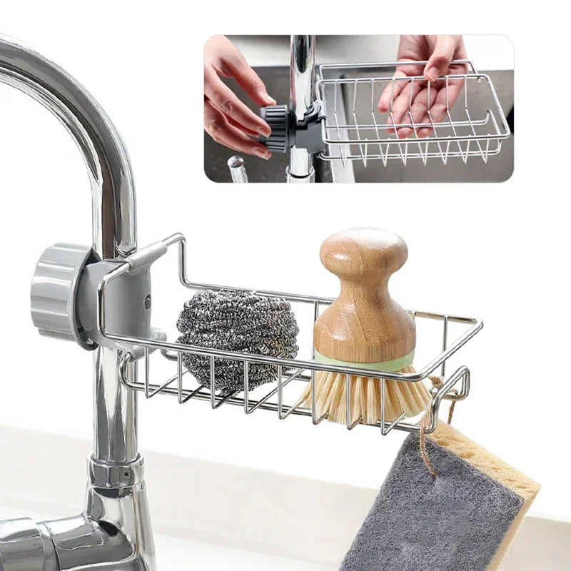 A faucet-mounted kitchen organizer with a drying rack and sponge holder is shown, featuring stainless steel and wooden elemen