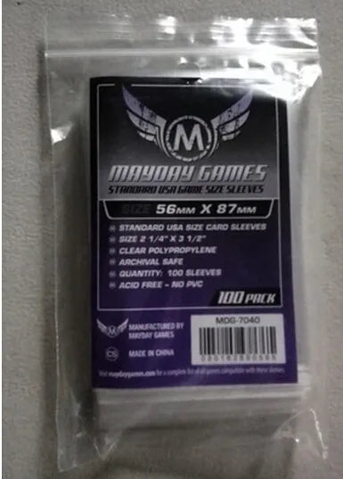 A package of Mayday Games standard USA size card sleeves, 100 pack, with specifications for size and material.