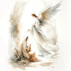 Watercolor painting of an angel and a shepherd kneeling in light, depicting a Christian Bible verse.