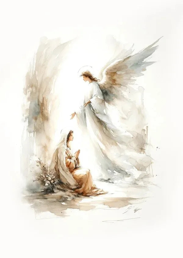 Watercolor painting of an angel and a shepherd kneeling in light, depicting a Christian Bible verse.