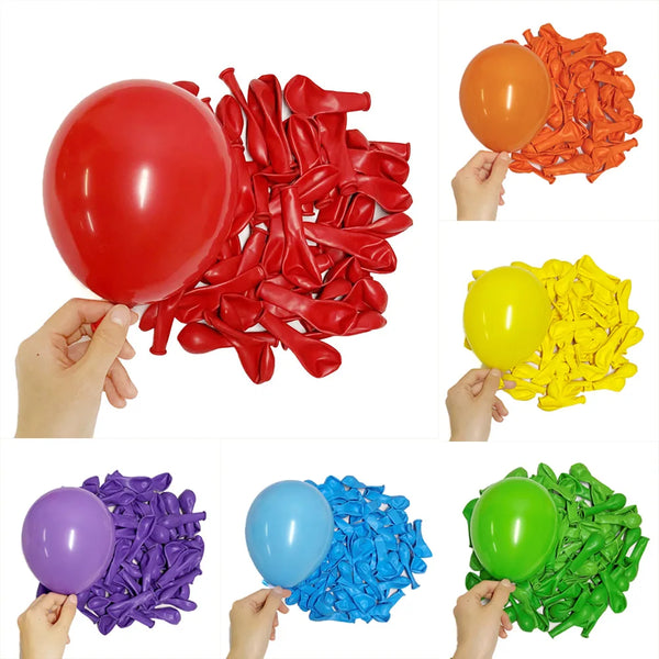 A collection of vibrant latex balloons in various colors including red, yellow, purple, blue, and green.