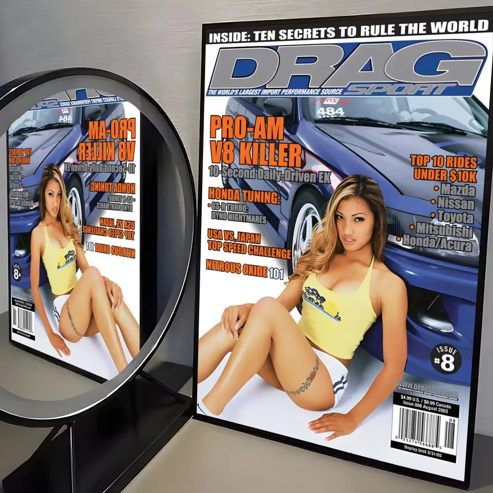A glossy canvas poster titled Inside Ten Secrets to Rule the World featuring a woman posing next to a dark sports car.