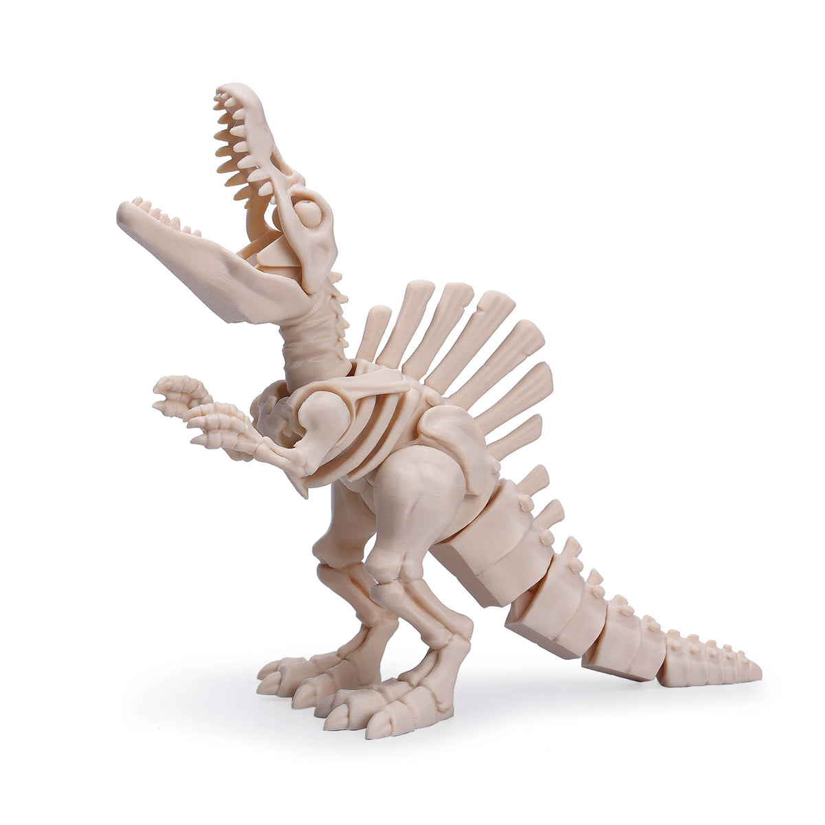 A light beige 3D printed figurine of a dinosaur skeleton, featuring a T-Rex and Mosasaurus.