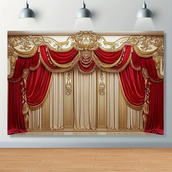 Elegant red and gold party banner featuring ornate draping and fan-shaped edges.