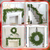Four images showing a realistic green Norfolk pine Christmas garland used as a wreath and mantel decoration.