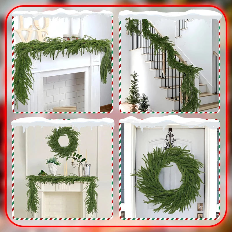 Four images showing a realistic green Norfolk pine Christmas garland used as a wreath and mantel decoration.