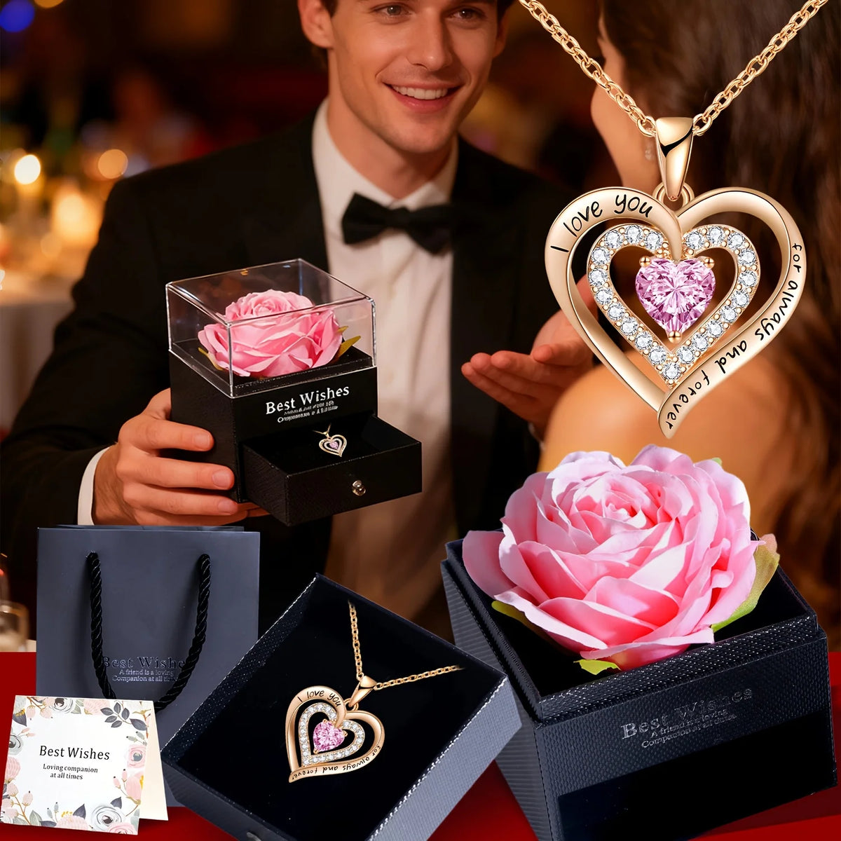 A gift set featuring an artificial pink rose and a gold heart pendant necklace for a romantic occasion.