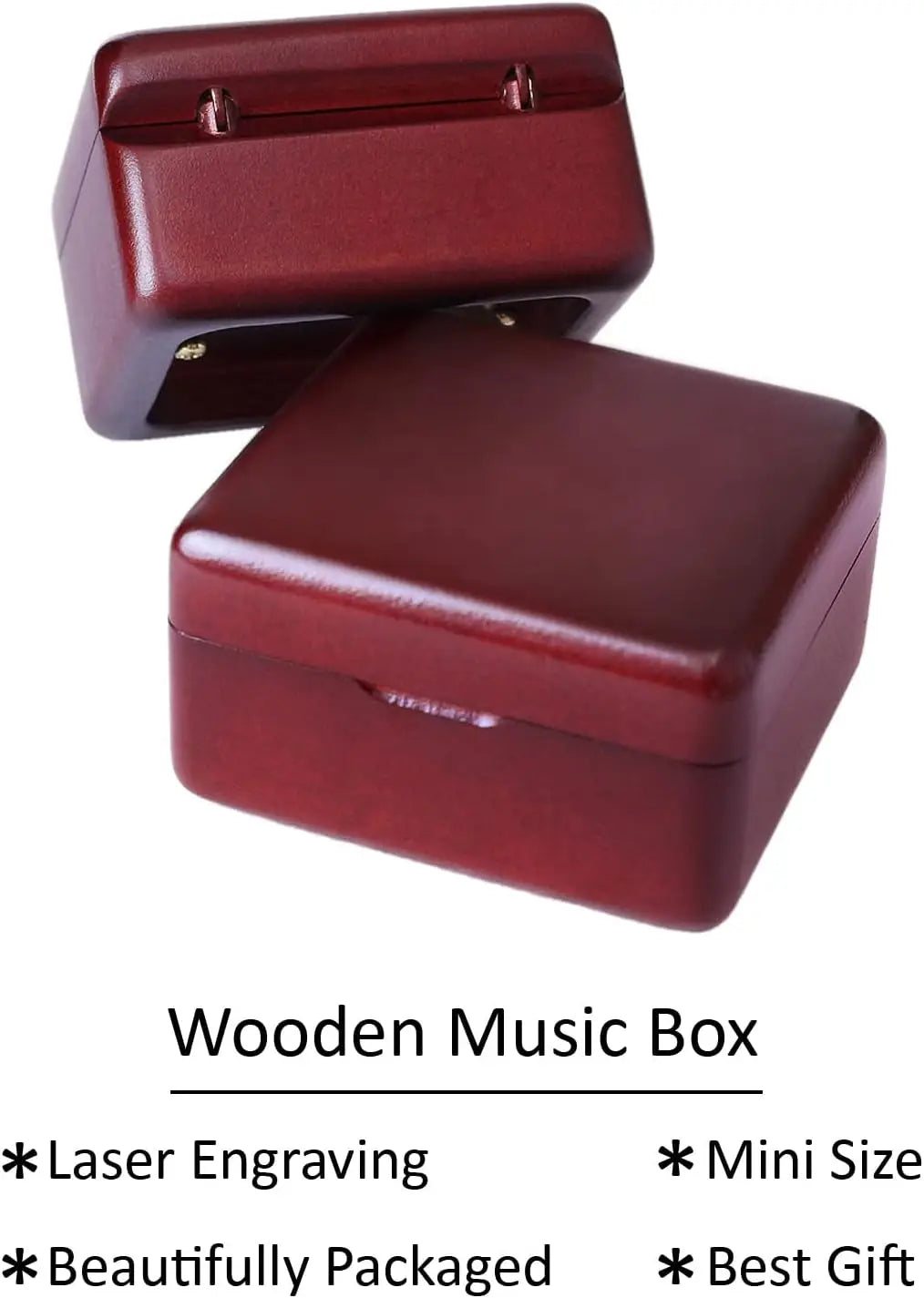 A small, dark red wooden music box with a lid, featuring laser engraving and beautifully packaged.
