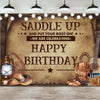A rustic western backdrop featuring a barn door and text wishing a happy birthday with saddle and boot imagery.