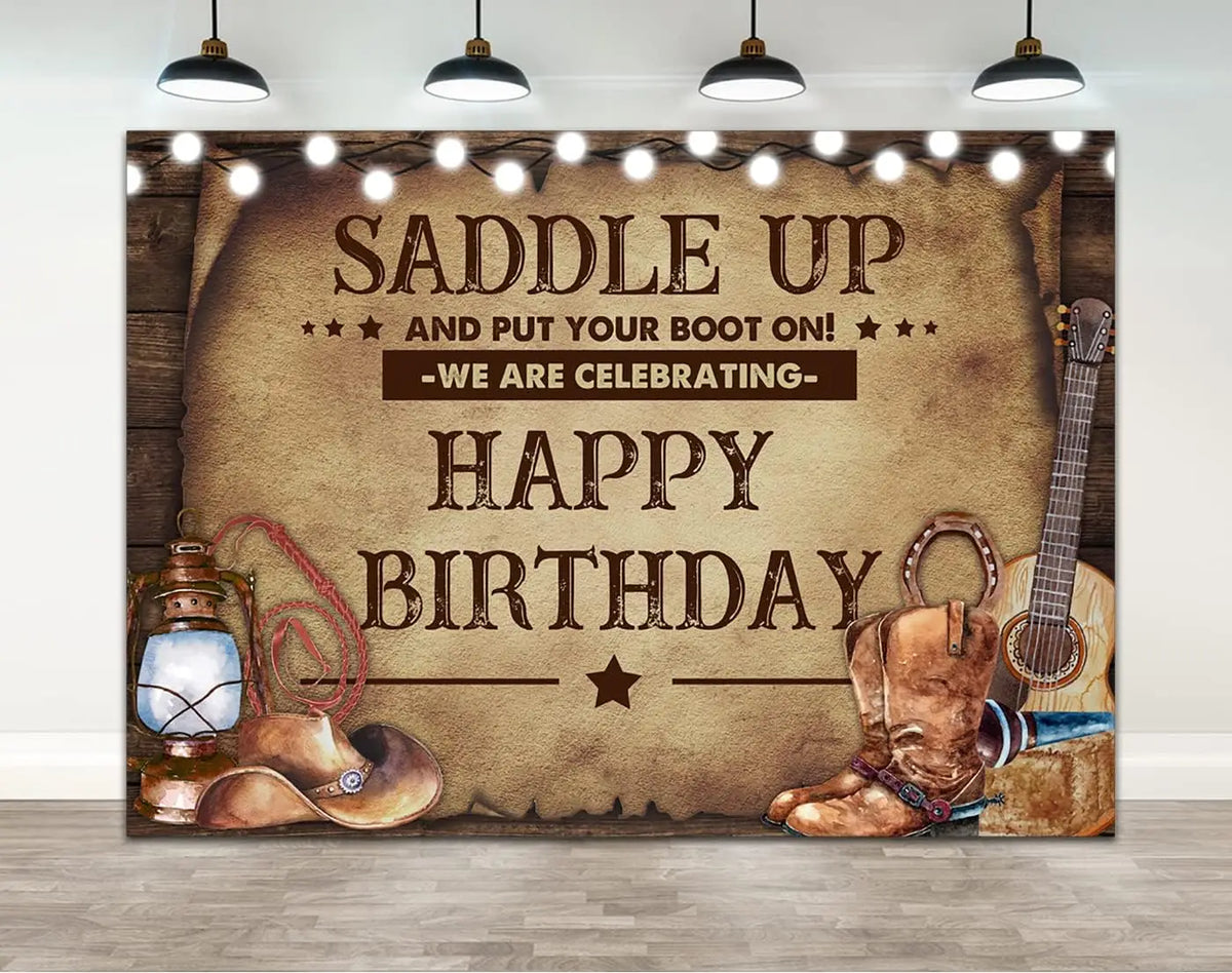 A rustic western backdrop featuring a barn door and text wishing a happy birthday with saddle and boot imagery.