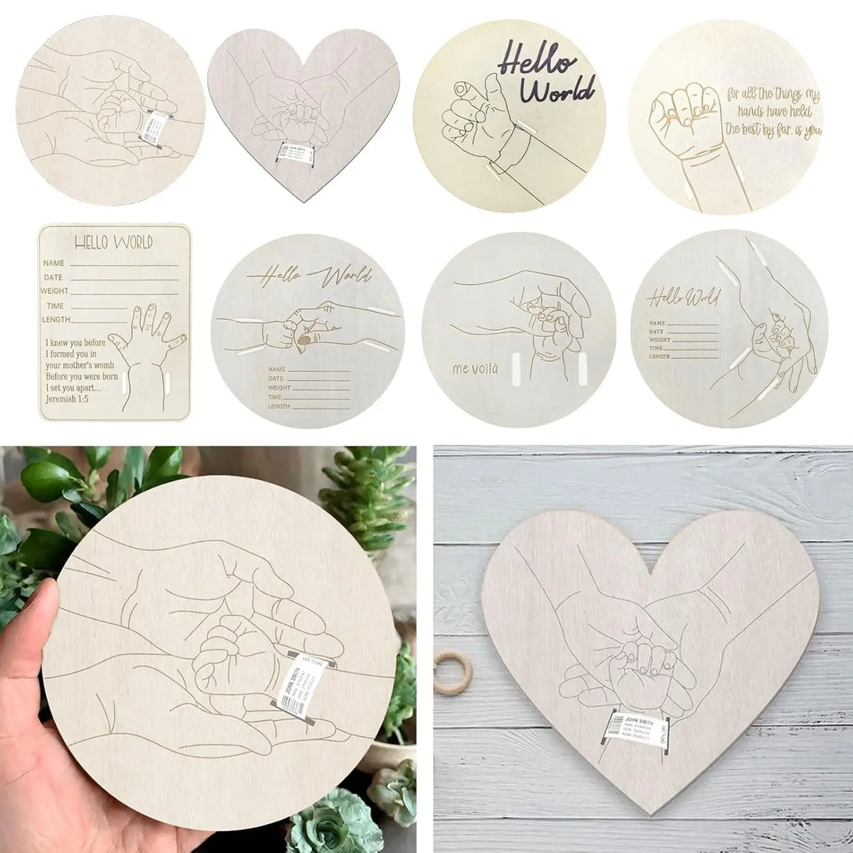 A collection of personalized newborn hospital keepsake signs featuring handprints and hearts on natural wood circles.