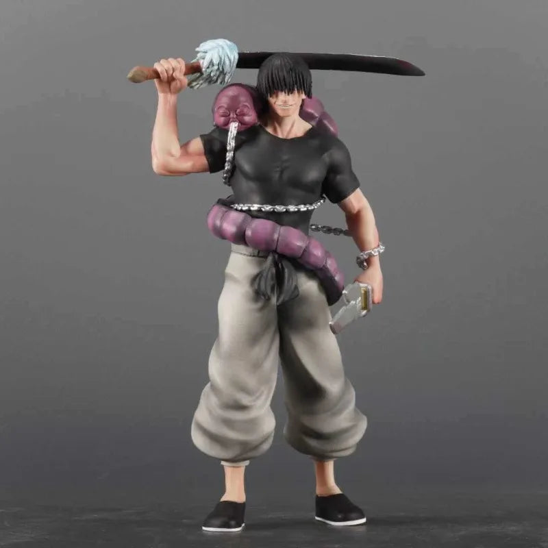 A figurine of Suguru Geto from Jujutsu Kaisen, holding a large sword and wearing dark clothing.