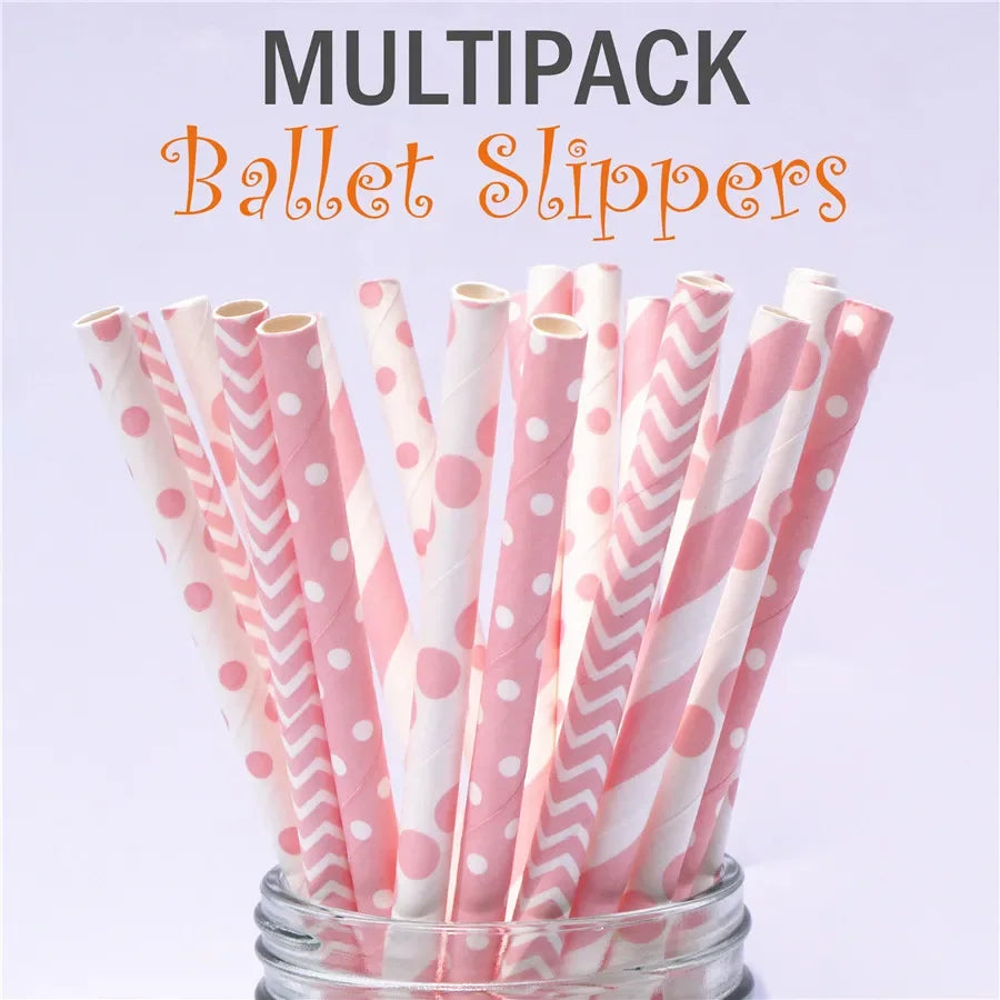 A multipack of pink and white ballet slippers in various stripes and polka dots