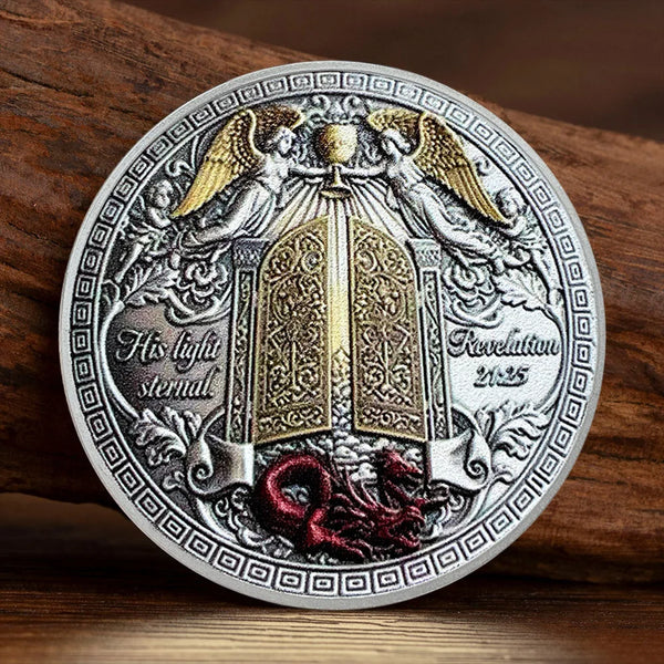 A commemorative coin featuring Saint Michael the Archangel with wings and a sword, set against a decorative border.