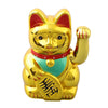 A golden animated electric fortune cat decor figurine with red ears and a blue collar.